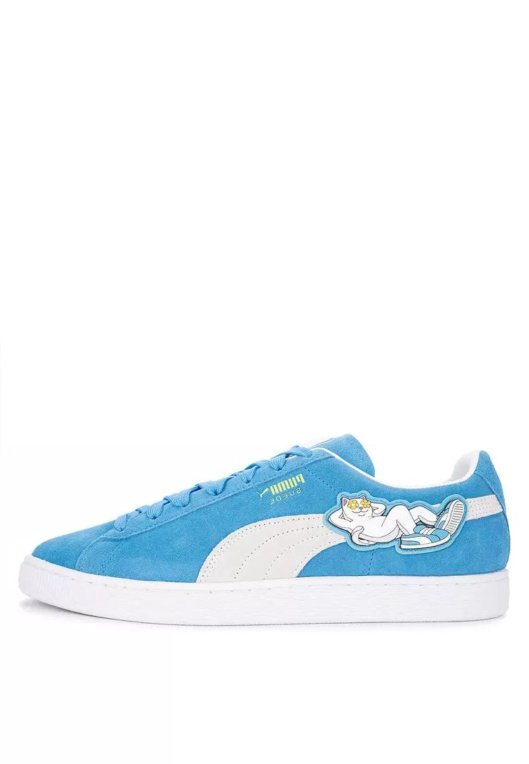 Blue and white sneaker with a cat design on a white background