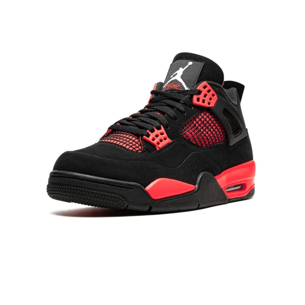 Air Jordan 4 Retro “Red Thunder” — Black Nubuck Retro Sneaker with Bold Crimson Accents